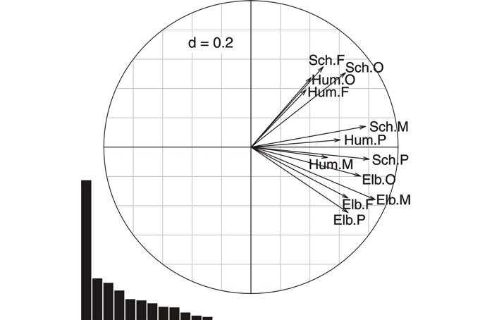 Fig. 19 PTA, Correlation circle of the interstructure. The eigenvalues diagram indicates a highly dominant first value (41,6 %) evidencing common structural similarities among the estuarine zones (contiguous vectors). For labels, see table 4. “d” indicates the grid scale.