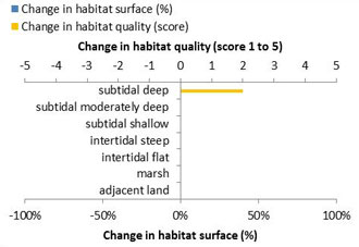 Figure 3: Ecosystem services analysis for Current deflection wall ´Köhlfleet´: Indication of habitat surface and quality change, i.e. situation before versus after measure implementation. 