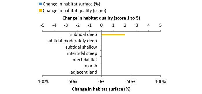 Figure 2: Ecosystem services analysis for Sediment-trap near Wedel: Indication of habitat surface and quality change, i.e. situation before versus after measure implementation. 