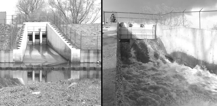 Figure 3. Left: Inlet culvert construction (as seen from within the pilot restoration site), consisting of three inlet culverts, each 1 m wide, with adjustable thresholds at different heights. Right: Close-up of the inlet culverts at spring tide flooding (as seen from within the pilot restoration site). 