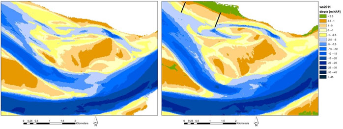 Figure 5. Bathymetry in the area of the measure site: before (left) and after (right) building the groynes. 