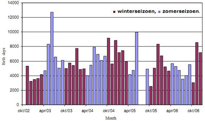 Figure 17. Total number of bird days per month on Ketenisse (November 2002 – December 2006), red bars: winter season, blue bars: summer season (Van den Neucker et al. 2007). 