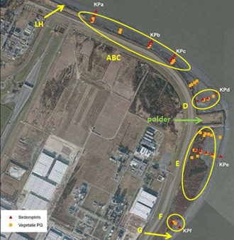 Figure 4. Overview different zones and monitoring locations: sedimentation-erosionplots (red triangles) and vegetation PQ (yellow blocks). Orthophoto January 2009. (Speybroeck et al. 2011)