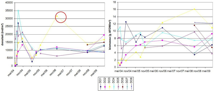 Figure 13. Density (left) and biomass (right) in function of time – spring 2004 – autumn 2009. The red circle indicates the Vacheria-related outlier. (Speybroeck et al. 2011)