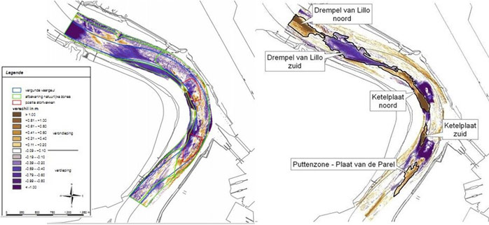 Figure 3. Visualization of the large erosion and sedimentation zones: left: before the relocation test (2008 – 1st March 2010), right: after the relocation test (March-August 2010). Blue area is deepening (erosion) and brown area is sedimentation. (IMDC 2011)