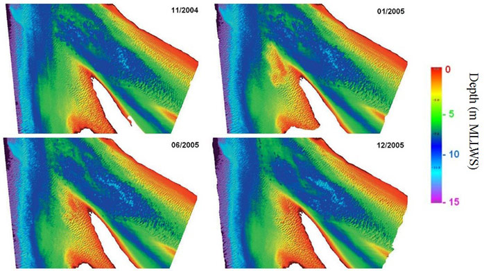 Figure 6. Morphological trend (bathymetry before relocation, 1 week after, 6 months after and 12 months after relocation)