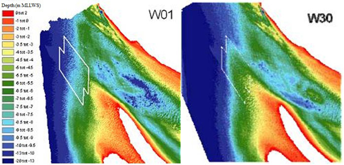 Figure 12. Morphological trend (bathymetry before relocation (W01) and two years later (W30))