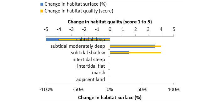 Figure 13. Ecosystem services analysis for TIDE pilot: Relocation of dredged sediment to a shallow water area at the edge of the Walsoorden sandbar (2006): Indication of habitat surface and quality change, i.e. situation before versus after measure implementation. The change in habitat quality, i.e. situation after the measure is implemented corrected for the situation before the measure, is ‘1’ in case of a very low quality shift, and ‘5’ in case of a very high quality shift.