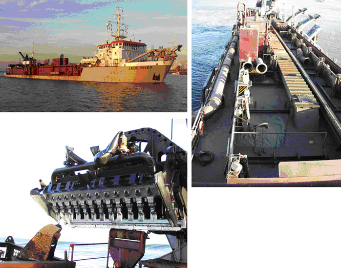 Figure 3. A few photographs of the trailing suction hopper dredger Jade River: trailing suction hopper dredger Jade River (above left), detail of the suction head (below left), and detail of the hopper (right) (Vos et al. 2009)