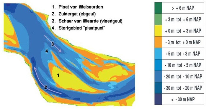 Figure 3. Walsoorden sandbar (“1”), ebb tide channel Zuidergat (“2”), high tide channel Schaar van Waarde (“3”), and relocation area (sandbar tip) (“4”) (Plancke and Ides 2007)