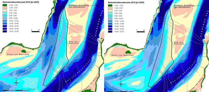 Figure 5. Location relocation area Rug van Baarland (left), bathymetry relocation area in 2015 (right) (Plancke et al. 2008)