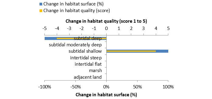 Figure 8. Ecosystem services analysis for TIDE pilot project 1 (Scheldt): Relocation of dredged sediment to four shallow water areas at the edge of sandbars (2010): Indication of habitat surface and quality change, i.e. situation before versus after measure implementation. The change in habitat quality, i.e. situation after the measure is implemented corrected for the situation before the measure, is ‘1’ in case of a very low quality shift, and ‘5’ in case of a very high quality shift.