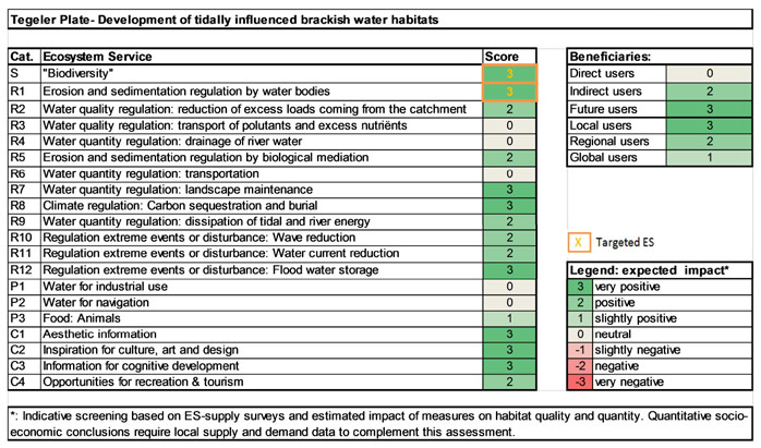 Table 1: Ecosystem services analysis for measure ‚Tegeler Plate – Development of tidally influenced brackish water habitats’: (1) expected impact on ES supply in the measure site and (2) expected impact on different beneficiaries as a consequence of the measure.