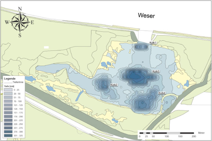 Figure 3: Bathymetry of project area in 2004. The depths refer to the threshold level (+ 1.70 m above sea level). The measurements did not consider the small standing water bodies around the shallow water zone. Source: HANEG 2011 