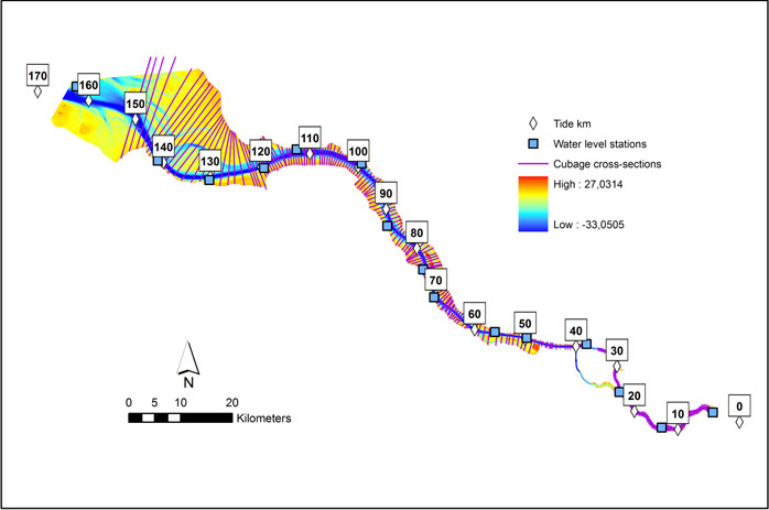 Figure 3 – Topo-bathymetry (2006), water levels (2001-2010) and cross-section used for the cubage calculation of the Elbe