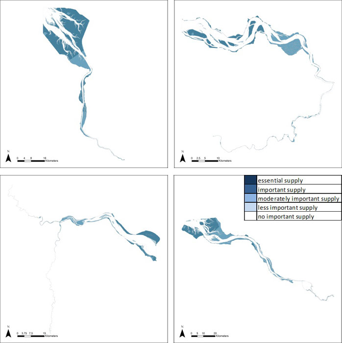 Figure 18: Wave reduction in the Weser, Scheldt, Humber and Elbe estuary based on average habitat-specific supply scores per salinity zone, and involving local and site-specific scientific expertise.
