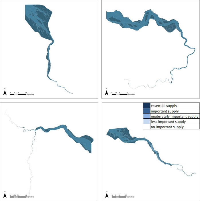 Figure 28: Cultural services in the Weser, Scheldt, Humber and Elbe estuary, based on average habitat-specific supply scores per salinity zone, and involving local and site-specific scientific expertise.
