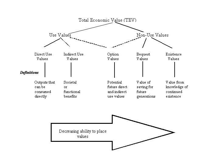 Figure 3: Concept of Total Economic Value (TEV) with different subcategories depending on the type of use (direct or indirect) or non-use