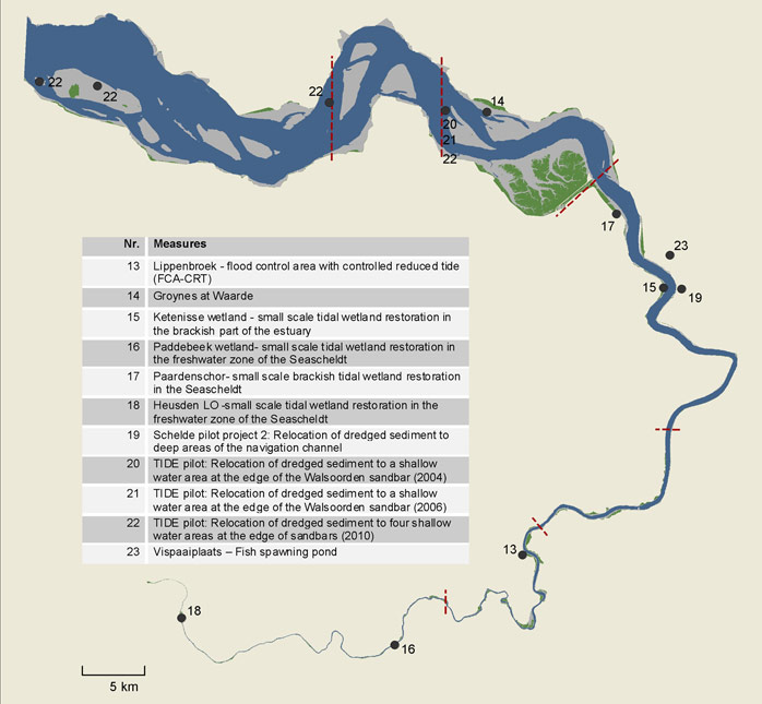 Figure 7: Locations of management measures collected according to the Elbe four estuaries with indication of the estuary zones. Similar maps can be taken from annex 10.6  