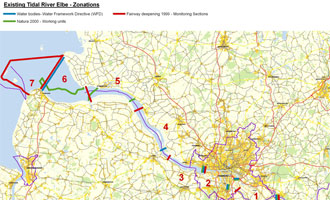 Fig. 4: Map of TIDE zonation of the Elbe estuary (red lines), on the basis of the monitoring sections of the fairway deepening 1999  